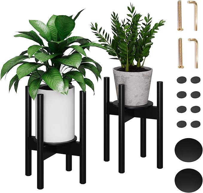 2 Pack Adjustable Plant Stand, Bamboo Plant Stand Indoor with Tray, Wood Plant Stand for 8 to 12 inches Flower Pots, Single Mid-Century Modern Plant Stand for Indoor Plants, Black