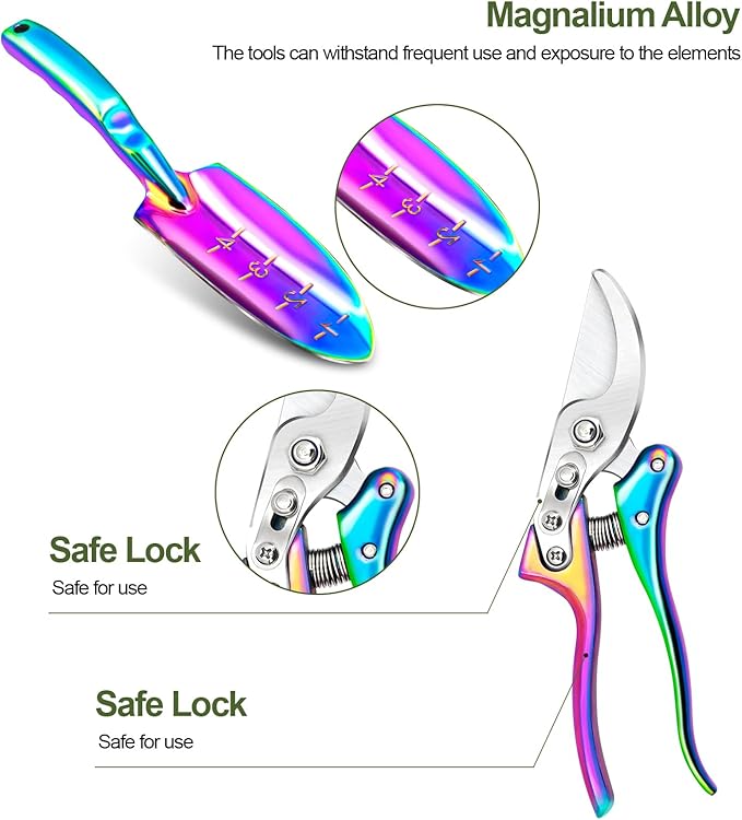 Rainbow Gardening Tool Set, Shovel, Pruning Shears and Hand Fork Gardening Hand toolsgardening Supplies (5 Pieces) Gardening Gifts for Women