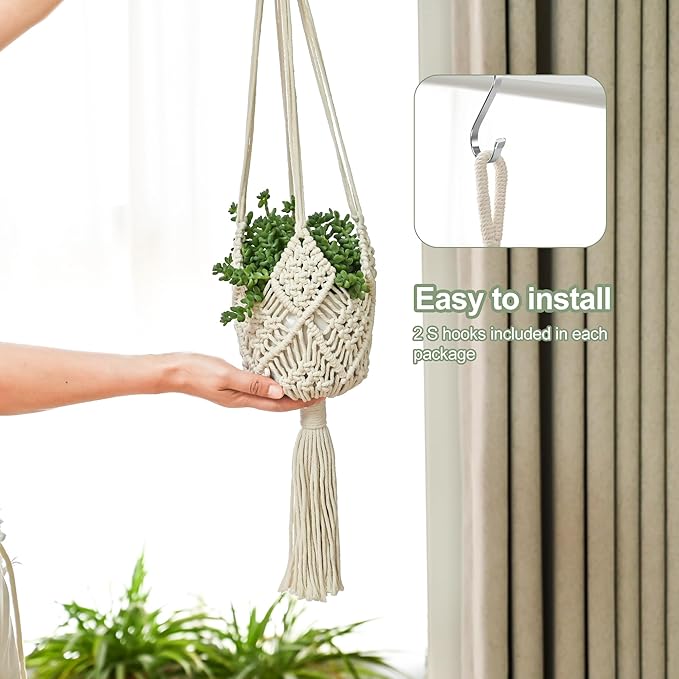 Hanging Planter with Patterns,2Packs Macrame Plant Hangers Indoor Macrame for up to 8 inch Pot Crochet Boho Plant Hanger Holder for Indoor Outdoor with 2S Shaped Stainless Steel Hooks (White)