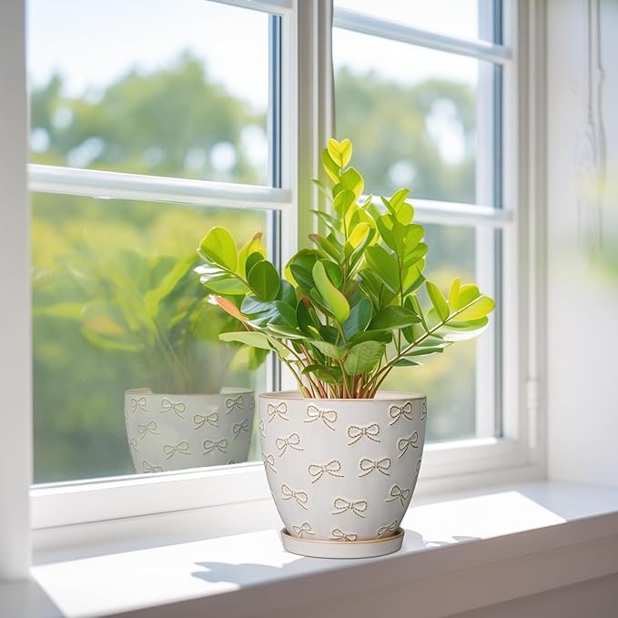 Ceramic Plant Pot 6 Inch - Ceramic Planter with Drainage Hole and Saucer Round Planter Flower Pot for Indoor Plants Outdoor Home Garden Office Decor White