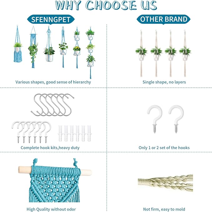 Macrame Plant Hangers, 6Pack Hanging Planters for Indoor Plants w/ 6 Set Hangers Kit Handmade Macromay Plant Hangers Indoor Flower Pots Holder Stand for Boho Home Décor (POTS NOT Included)