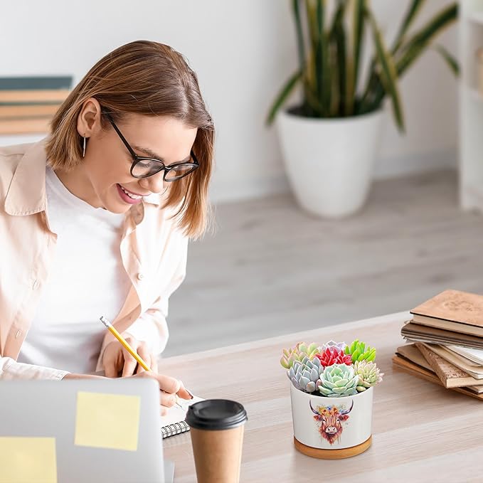 3 Pcs Highland Cow Decor Gift for Christmas Women Planter Ceramic Gift Animal Plant Pot with Bamboo Tray for Office Home Farm House Bathroom Kitchen Decorations (No Plants Included)