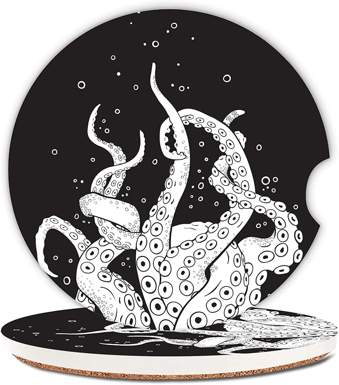 Octopus Tentacles Car Coasters,Ceramic Absorbent Cup Holders with Finger Notch & Cork Base Car Assecories for Women/Men 2.6"(2 Pieces)