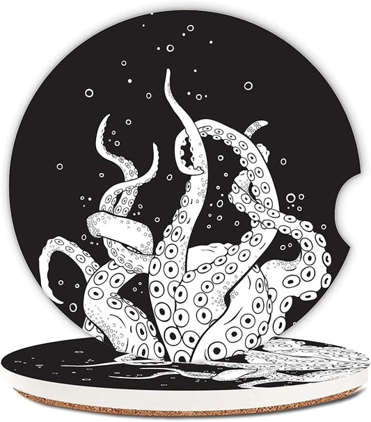 Octopus Tentacles Car Coasters,Ceramic Absorbent Cup Holders with Finger Notch & Cork Base Car Assecories for Women/Men 2.6"(2 Pieces)