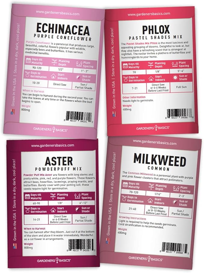 Gardeners Basics, Butterfly Seeds for Planting Outdoors Flower Seeds (8 Variety Pack) Milkweed, Aster, Zinnia, Hollyhock, Snapdragons, Echinacea, Phlox, Black Eyed Susan Pollinators Wildflower Seed