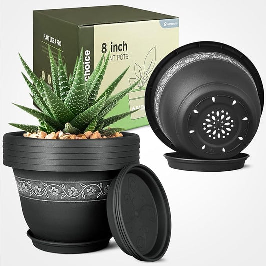 8 Inch Plant Pots with Drainage Hole - Lightweight Flower Pots for Herbs and Flowers - Home Decor Plastic Planters for Indoor Outdoor Plants- Pack of 6 (Black, 8 inch)