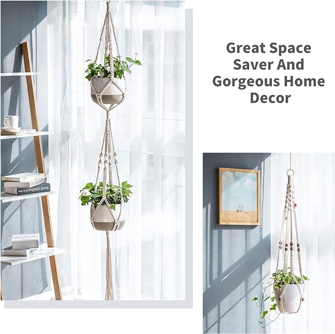 Mkono Macrame Plant Hangers, 5 Pack Different Tiers Indoor Hanging Planters Basket with 5 Hooks Decorative Flower Pots Holder Stand Boho Home Decor, Ivory