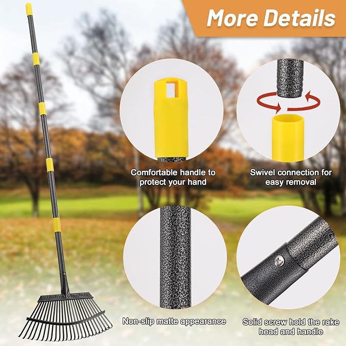 Garden Rake - Large Leaves Rakes for Gardening - 25 Metal Tines 18" Wide - 78" Long Handle Leaf Rakes for Lawns Heavy Duty for Yard Lawn Shrub Garden Beds