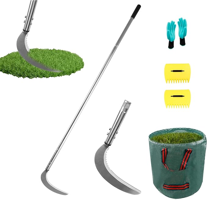 HQPASFY Weeding Sickle Set, Long Handle Sickle with Serrated Double-Edged Blade, Grass Sickle Stand Up Weeding Tool with 2 Pack Leaf Scoops, 16 Gallon Lawn Bag with Gardening Gloves for Yard