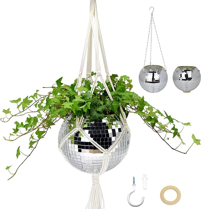 Disco Ball Planter, 8" Disco Planter with Hanging Rope, Hanging Chain & Hook & Ring Stand, Disco Ball Plant Hangers for Indoor and Outdoor Plants, Hanging Plant Holder (Silver, 1 Pack 8")