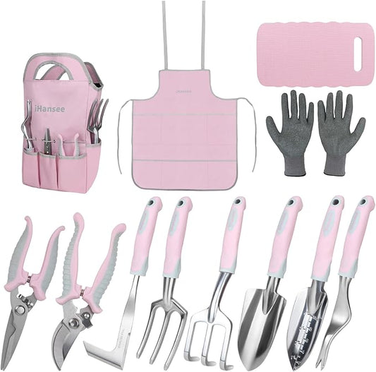 Pink Garden Tool Set 12 Pieces, iHansee Aluminum Gardening Hand Tools with Non-Slip Handle, Kneeling Pad, Apron, Gloves and Organizer Bag, Landscaping Tools - Gift for Women & Garden Enthusiasts