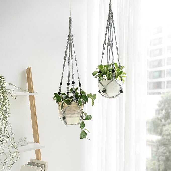 Mkono 3 Pack Macrame Plant Hangers Indoor Different Size Hanging Planter Basket Flower Pot Holder with Beads No Tassels 35"/29"/23", Medium, Grey