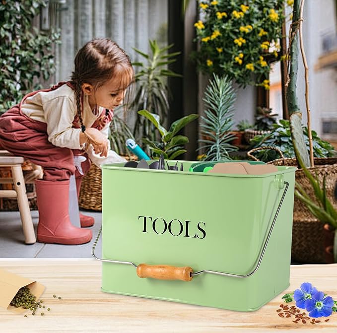 Metal Garden Tool Caddy, 3 Compartments Garden Tool Organizer with Handle, Garden Tool Box for Indoor and Outdoor, Gardening Tool Kit Holder Empty, Gardening Supplies, Gardener Gift (Green)