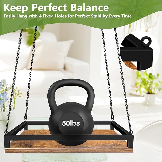 Plant Hanger Indoor, 2 Pack 16" Wooden Hanging Plant Holder with Metal Frame Large Hanging Planter for Indoor Plants Load 50LB Hanging Plant Shelf with 27.6" Long Chain, Ideal for Heavier Pots