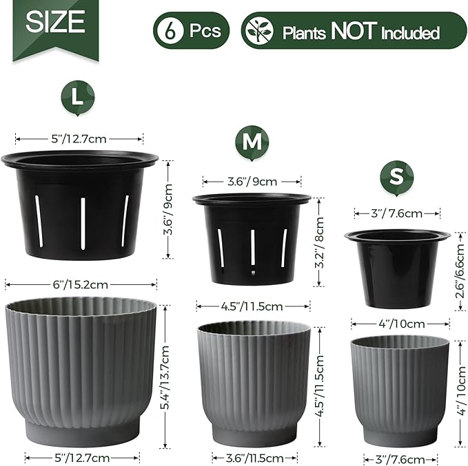T4U 6 Inch Self Watering Pots for Indoor Plants, 6 Pack Planters for Indoor Plants, Durable Plastic Charcoal Gray Pots for Indoor Plants, African Violets, Flower
