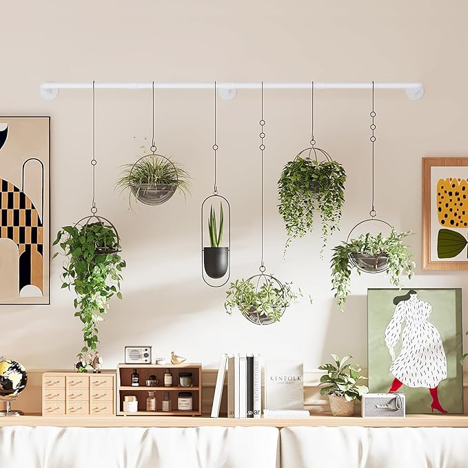 Plant Hanger Indoor with 6 Hanging Chains Hanging Planters for Indoor Plants Hanging Plant Holder Window Plant Shelves White Metal Rod(Pot not Included