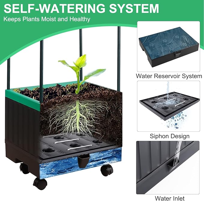 Raised Garden Bed with Self Watering Garden Pots, Planter Box with Trellis for Climbing Plants Vegetable Vine Flowers, Tomato Cage Planter for Indoor Outdoor Yard Greenhouse Use
