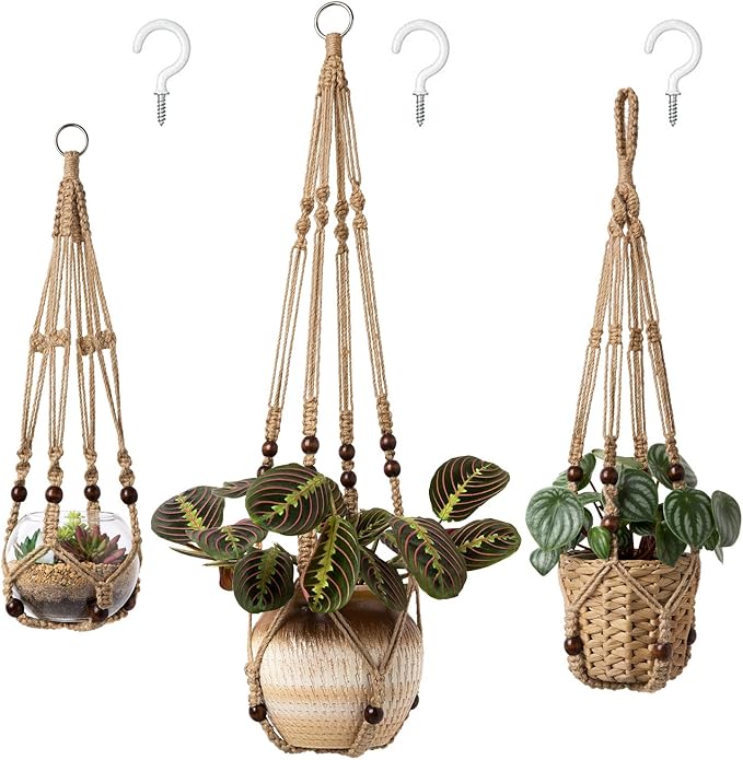 Mkono 3 Pack Macrame Plant Hangers Indoor Different Size Hanging Planter Basket Flower Pot Holder with Beads No Tassels 35"/29"/23", Medium, Brown