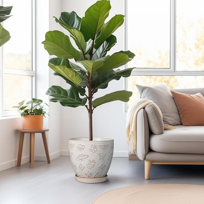 Ceramic Planter Pot 10 Inch- Large Plant Pot with Drainage Hole and Saucer Modern Round Flower Pot for Indoor Outdoor Plants White