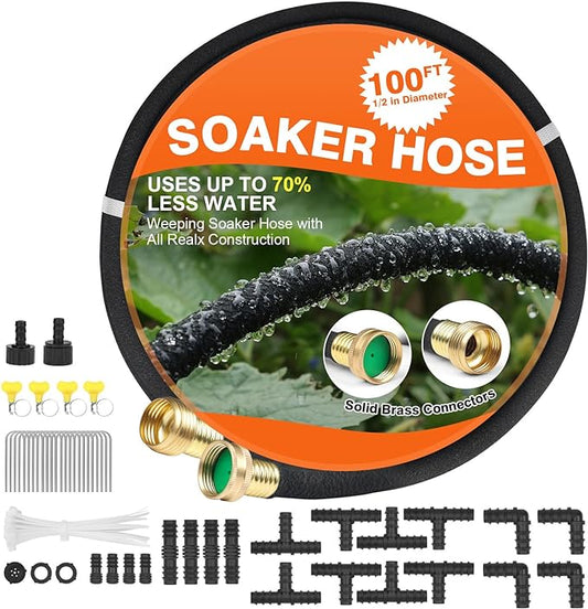 Soaker Hose 100 FT for Garden with 1/2" Diameter Irrigation Hose Save 70% of Water Solid Brass Interface Eminently Suitable for Lawn and Garden Bed Cover
