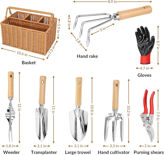 SOLIGT Gardening Hand Tools with Basket – Garden Tool Set with Pruning Shears, Cultivator, Gloves – Heavy-Duty Stainless Steel Gardening Tools with Wood Handle – Gardening Gifts for Women Men