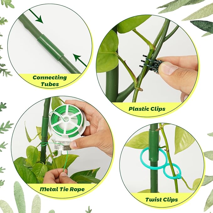8 Pack Monstera Plant Support Stakes, 27.5inch Detachable Twig Plant Support Stakes with 12 Orchid Clips, 8 Twist Clips 65ft Twist Ties - Ideal Plant Stakes for Indoor Outdoor Plants