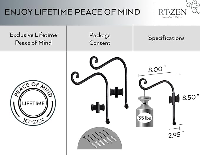 RTZEN Plant Hangers Outdoor or Indoor - Wrought Iron Metal Hanger Indoor Hook - Heavy Duty Wall Bracket Hooks for Hanging Plants Baskets Lanterns Wind Chimes - 2 Pack (Black Axe-Shape Hooks)