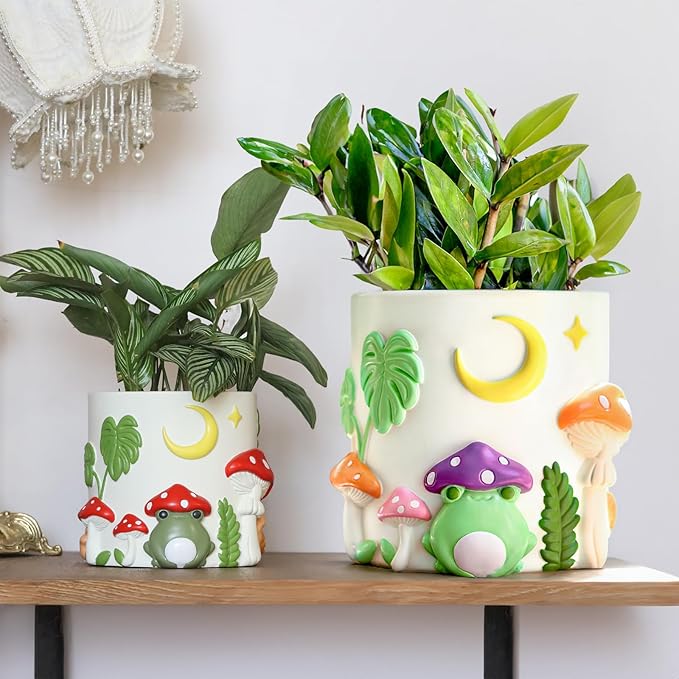 GUGUGO 8 Inch Colorful Frog Garden Planters Cute Unique Rainbow Planter with Drainage, Vintage Retro Mushroom Flower Plant pots for Indoor Plants, Eclectic Succulent Gardening Pot for Home Décor-A