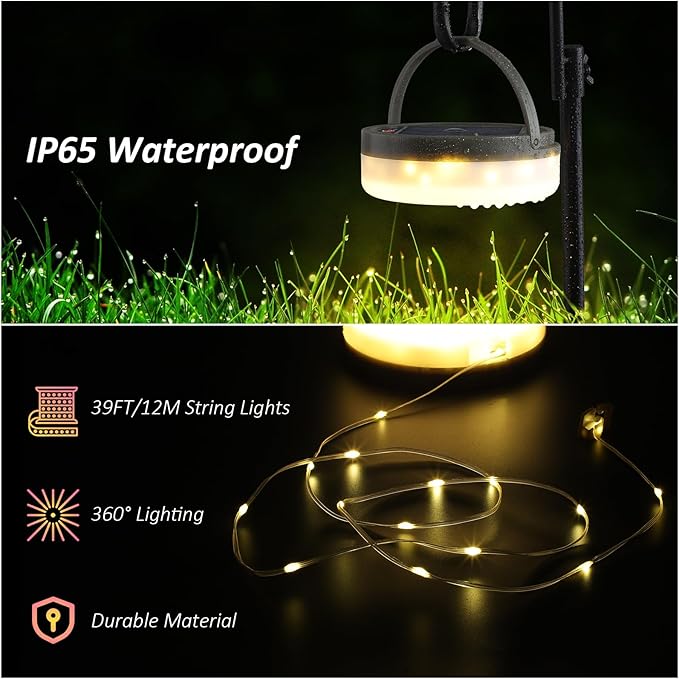 Solar Camping String Lights, 39.4FT Waterproof Camping Lights with 8 Lighting Modes, Rechargeable Outdoor Camp lamp 2 in 1with Remote Control, Portable Tent Lantern for Hiking, Yard, Party Decor