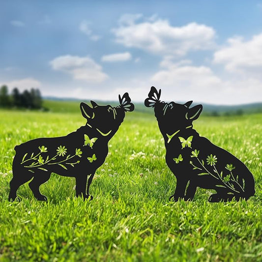 Pack 2 Dog Metal Garden Decor for Outside,French Bulldog Gifts for Women,Dog Silhouette Stakes,Garden Statues for Yard,Lawn,Pathway