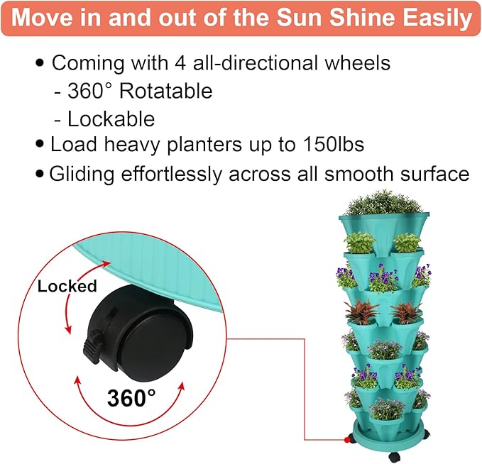 Vertical Planter 7 Tier Stackable Planters Garden Planters Strawberry Herb Flower and Vegetable Planter Indoor Outdoor Gardening Pots with Removable Wheels and Tools
