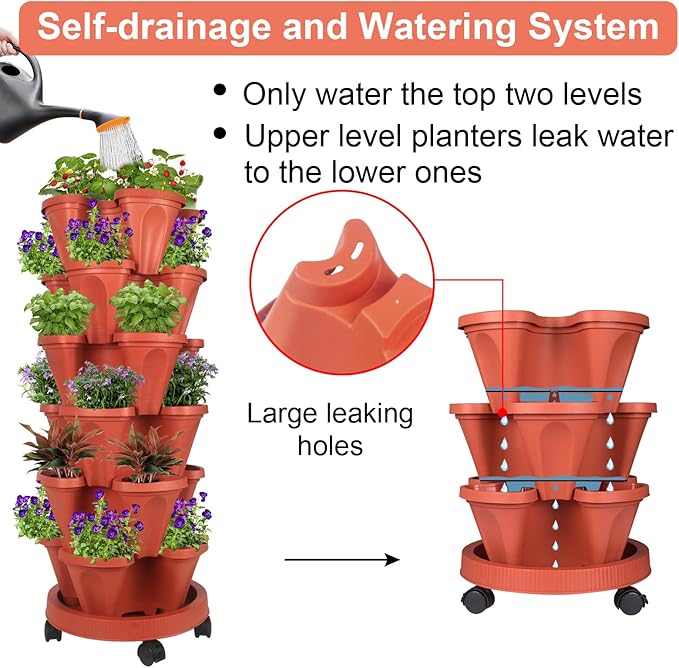 Vertical Planter 6 Tier Stackable Planters Garden Planters Strawberry Herb Flower and Vegetable Planter Indoor Outdoor Gardening Pots with Removable Wheels and Tools 2-Pack