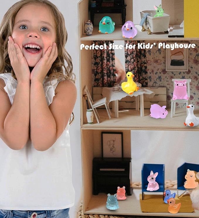 Luminous Mini Resin Animals 50 Pcs Tiny Animals to Hide Around The Office Home Mini Ducks Tiny Frogs Small Birds Little Rabbits Glow in The Dark for Crafts Fairy Garden Accessories