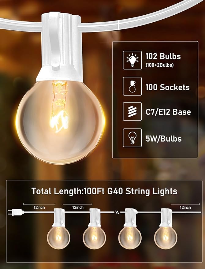 G40 100FT Globe String Lights with 102 Clear Bulbs Indoor Outdoor Patio, Market, Cafe, Garden, Birthday, Wedding Backyard String Lights-5 Watt/120 Voltage/E12 Base -White Wire