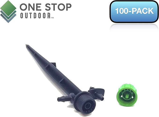 (100-PACK) - 1/4" Inch Universal 360* Degree Drip Emitter On 5" Stake - Adjustable Flow 0-18.5 GPH Fit 1/4 (4-7mm) Drip Irrigation Tubing - Professional Grade Drippers for Drip Irrigation