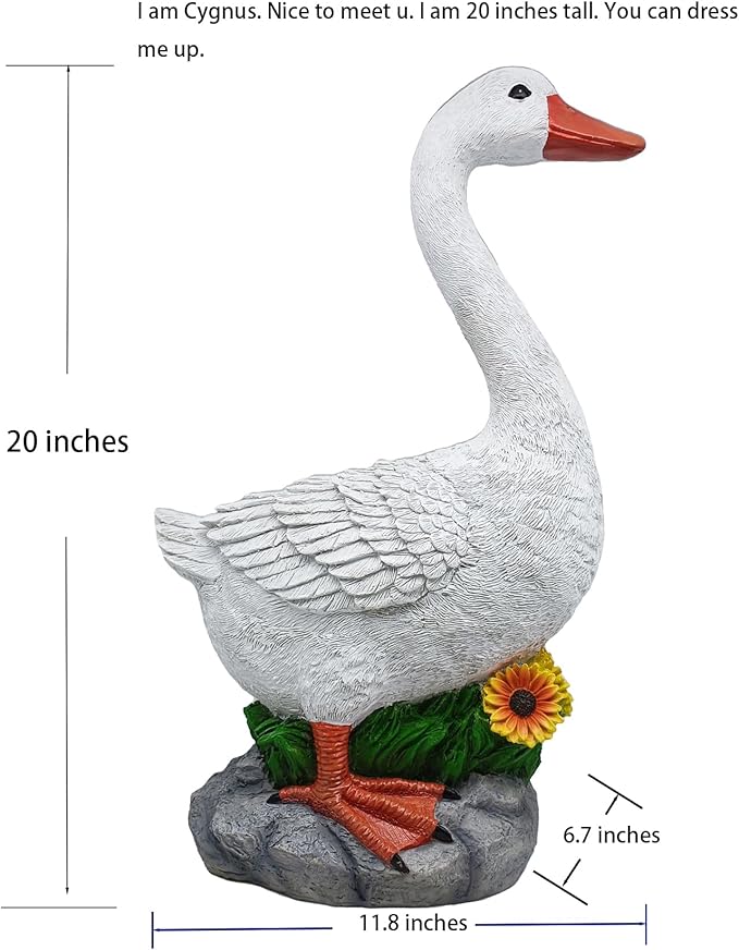 Porch Goose Statue Cygnus, Big Resin Garden Lawn Yard Décor, Sculpture, 20 inches High Figurine, Duck, Indoor and Outdoor, by GGTown TM