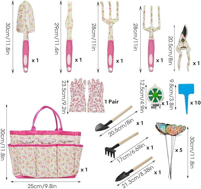 Gardening Tools for Women, 26 Pieces Garden Tools Set, Gardening Gift Set with Storage Bag, Gloves,Gardening Supplies- Butterfly Decors and Colorful Planting Tags Included