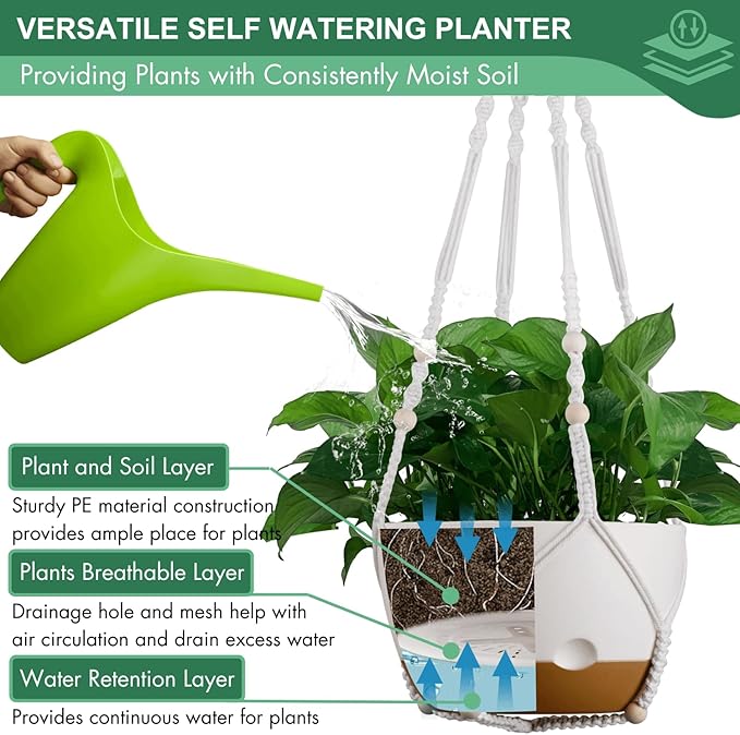 Set of 2-10 Inch Hanging Planters for Indoor Plants with Self-Watering Includes Hanging Pots for Plants, Outdoor Hanging Plant Pot with Drainage, and 2 Types of Hanging Baskets Hangers (White, 10inch)