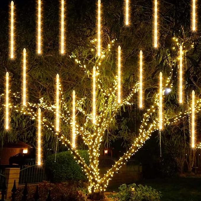 TW SHINE Christmas Meteor Shower Lights Outdoor, 288 LED 12" 8 Tubes Waterproof Christmas Lights Outdoor Plug in, Snow Falling Rain Icicle Xmas Lights Decorations, Warm White