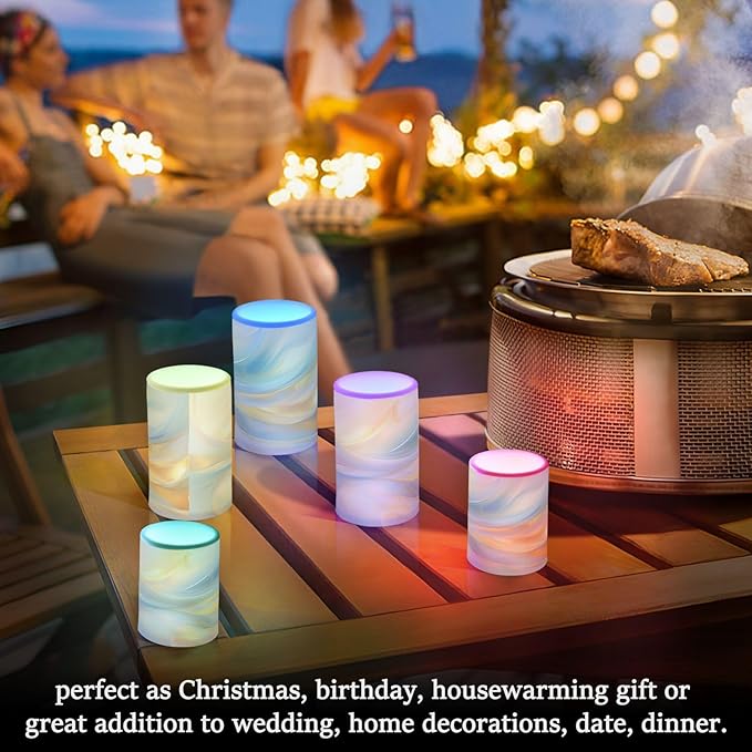 Flickering Flameless Candles, Blue Gold Marble LED Candles with Remote Timer, Set of 2 Battery Operated Candle for Valentine Wedding Birthday