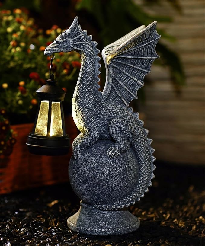 Solar Dragon Garden Statue for Outdoor Decor: Outside Sculpture Ornament for Yard Lawn Balcony Patio Porch- Unique Birthday Gift for Lover Mom Women Grandma