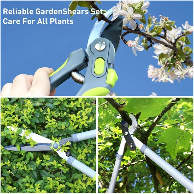 Garden Pruning Shears Hedge Clippers, Updated 3PCS Garden Shears Lopper Combo Set, Branch Cutter with Compound Action, Chops Thick High Branch Ease, Professional Tree Trimmer Set Heavy Duty