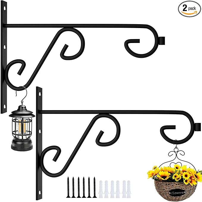 Plant Hangers Outdoor 2 Pack Hanging Basket Hooks,12in Metal Plant Bracket Wall Hooks for Hanging Flower Basket,Hanging Plant Holder