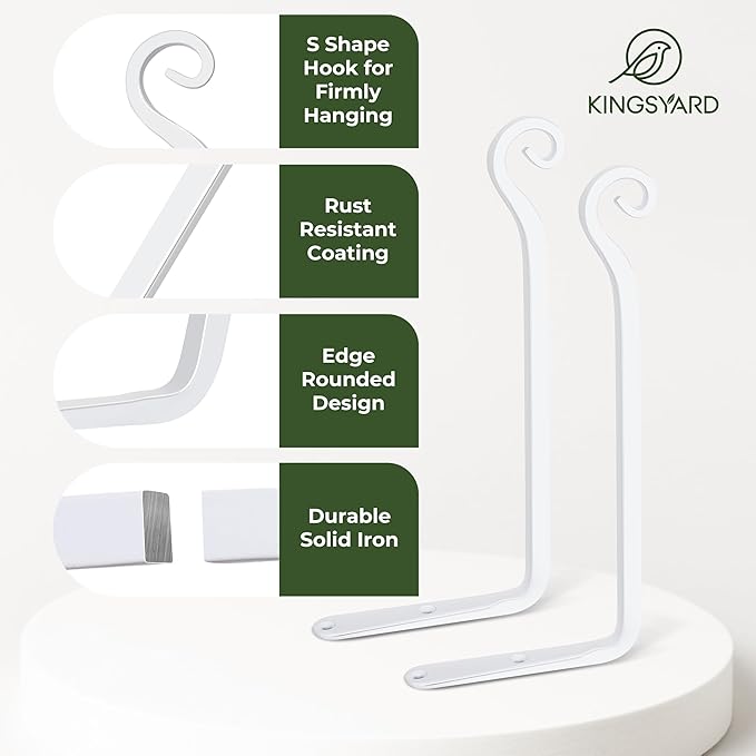 Kingsyard 2-Pack Wall Plant Hanger Outdoor - Heavy Duty Metal Hanging Bracket Hooks for Hanging Plant Bird Feeders Lanterns Wind Chimes Outdoor & Indoor, 6-Inch/White