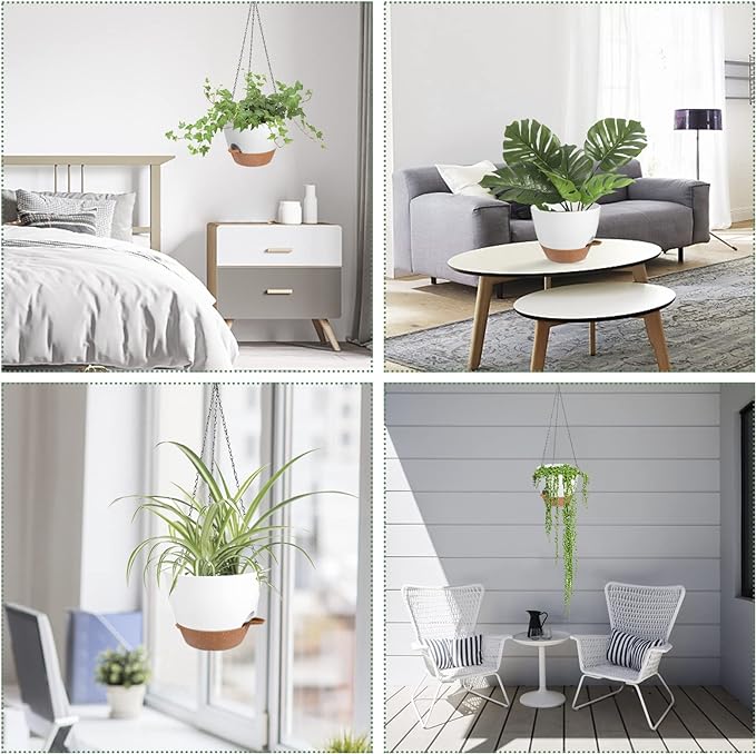 Hanging Planters for Indoor Outdoor Plants, 2 Pack Self Watering Hanging Pot with Drainage Holes & Removable Tray (White, 8'')