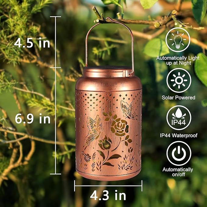 2 Pack Solar Lanterns Outdoor Waterproof, Butterfly Rose Garden Decor Birthday Gifts for Women Mom Grandma Hanging Solar Lights Metal Solar Decoration Outside for Yard, Patio, Lawn, Pathway