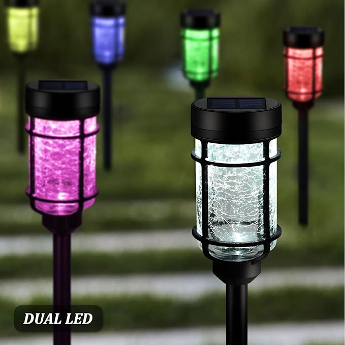 Solar Pathway Lights 8 Pack, Color Changing + Cool White LED, Waterproof Solar Crackle Glass Stake Lights for Garden Path, Walkway, Backyard, Lawn, Landscape Decoration