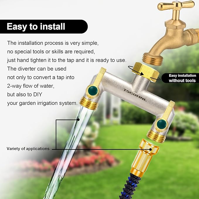 Heavy Duty Brass Garden Hose Splitter, 2-Way Faucet Splitter with 2 Extended Metal Handles, Outdoor Hose Splitter, GHT 3/4-Inch Heavy Duty Hex Female Inlet and 3/4-Inch Male Outlet, Nickel Plated