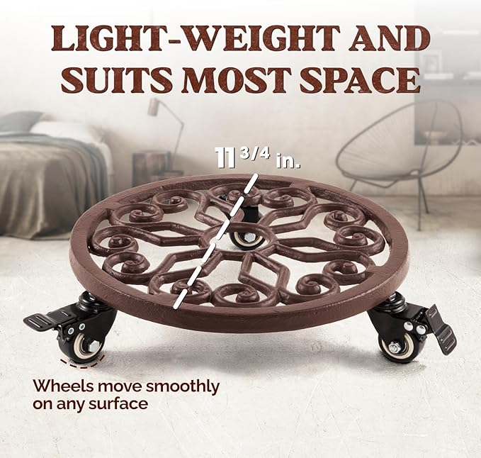 IDZO Heavy Duty Trolley Capacity 350 lbs Planter Caddies with Wheels Heavy Duty Cast Iron Plant Stand with Lockable Wheels Plant Stand 12 Inch Simple Style Dark Brown