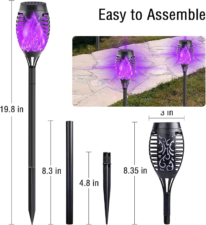12-Pack Solar Lights Outdoor Waterproof,Halloween Decorations Solar Tiki Torches with Flickering Flame (Upgraded Super Bright),Halloween Solar Lights for Outside Patio Yard Porch Garden Decor (Purple)